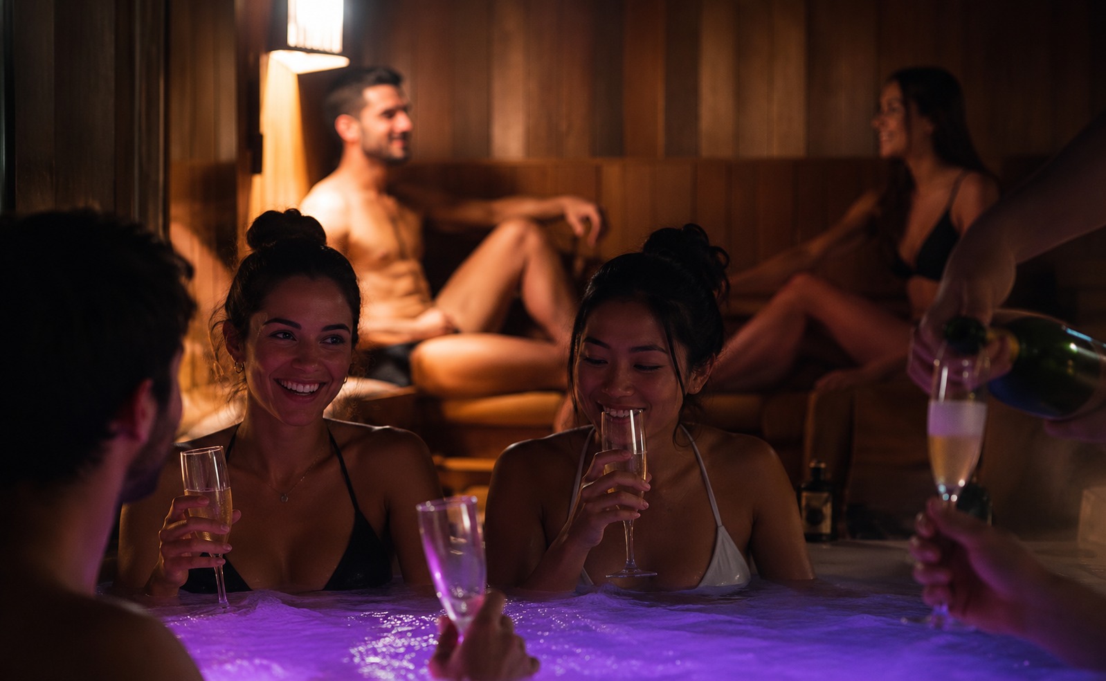 Grupo de amigos brindando con cava en el circuito de spa de Healing Spa