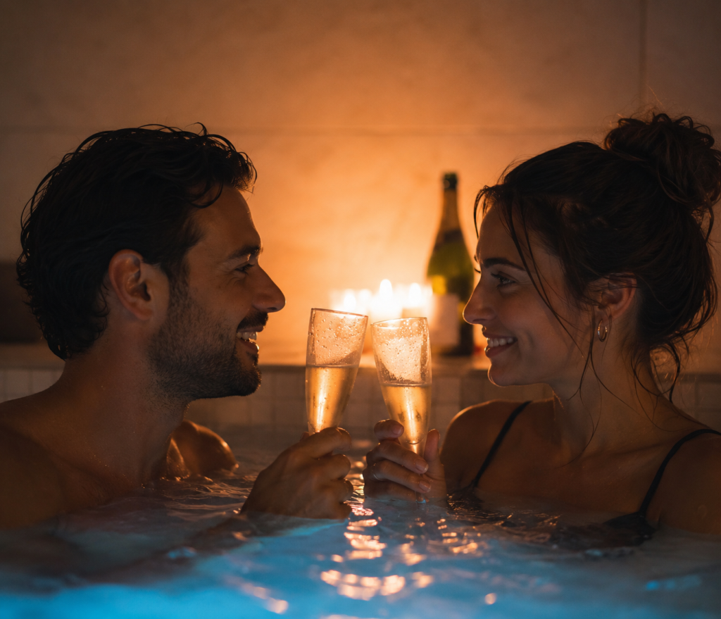 Pareja brindando con cava a la luz de las velas en Healing Spa Barcelona