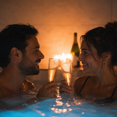 Pareja brindando con cava a la luz de las velas en Healing Spa Barcelona