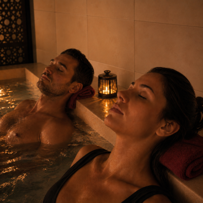 Pareja relajada en el circuito de spa privado de Healing Spa Barcelona